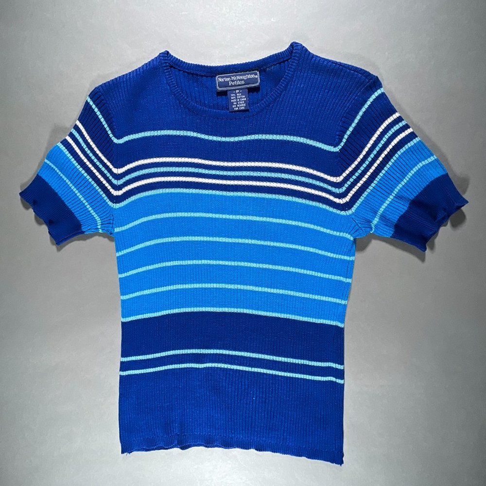 Norton McNaughton Petites Stretch Ribbed Blue Stripes Short Sleeves Size‎ P